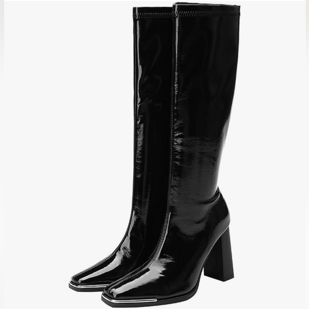 Black Patent Knee-High Block Heel Boots. Public Desire brand. Vegan Leather.
